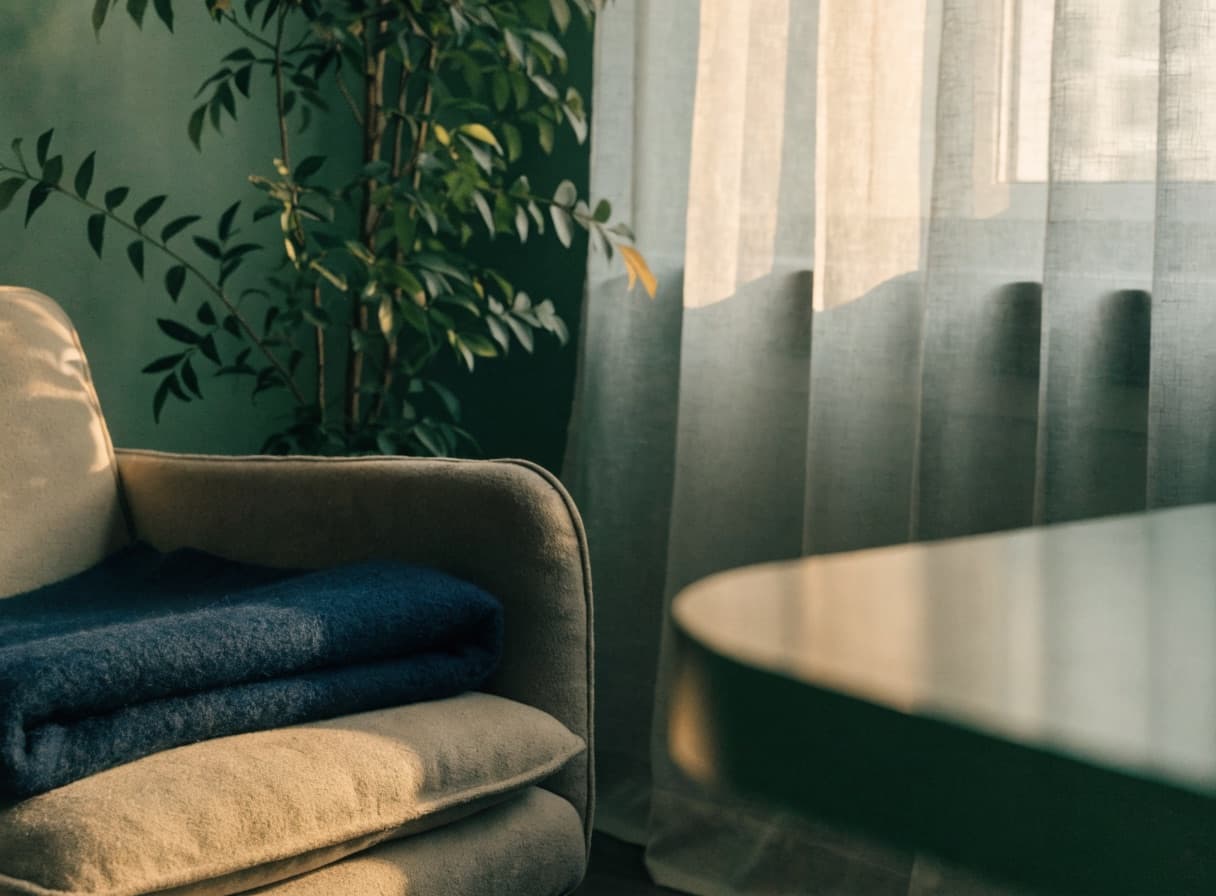 A cozy reading nook with a soft armchair, a folded throw, and a leafy plant by a sunlit window