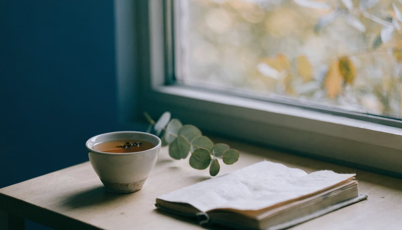 A warm cup of tea, a sprig of eucalyptus, and an open journal on a table by a window