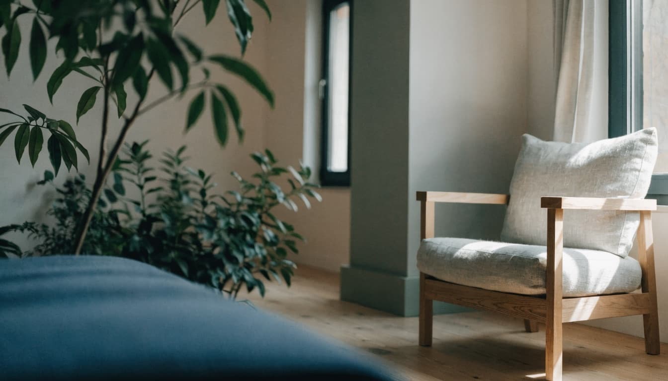 A calm, light-filled room with an oak armchair and plants beside a window
